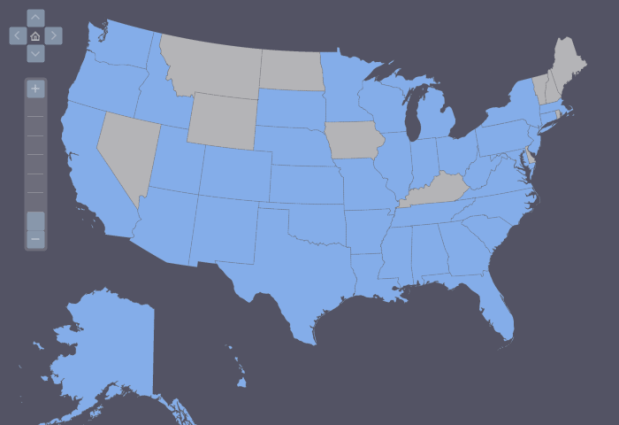 Figure 5. A map of the United States of America, showing states that have reported at least one Premier Challenge (blue) over the four Premier Challenge series. This map was generated using www.amcharts.com's interactive maps tool.